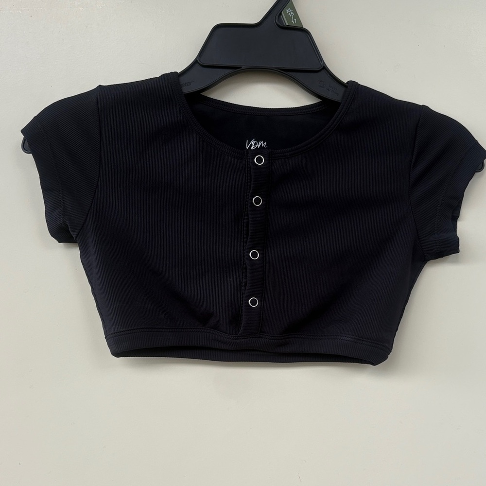 Black Crop Top with Button Detail - Picture 2 of 8